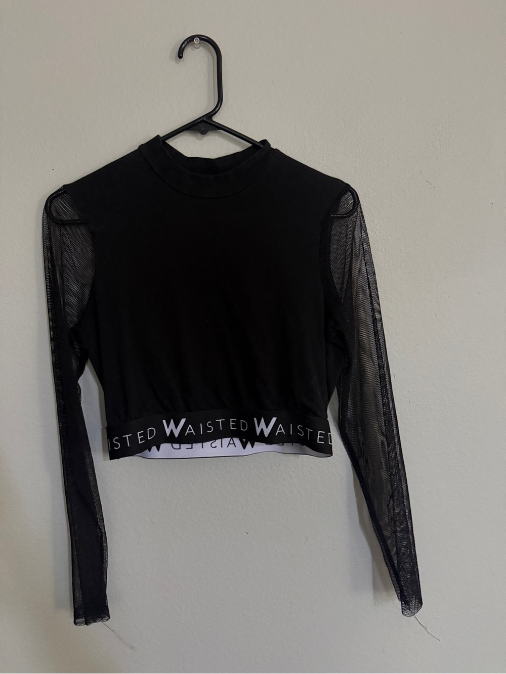 Black Sheer-Sleeve Crop Top with Branded Elastic Hem
